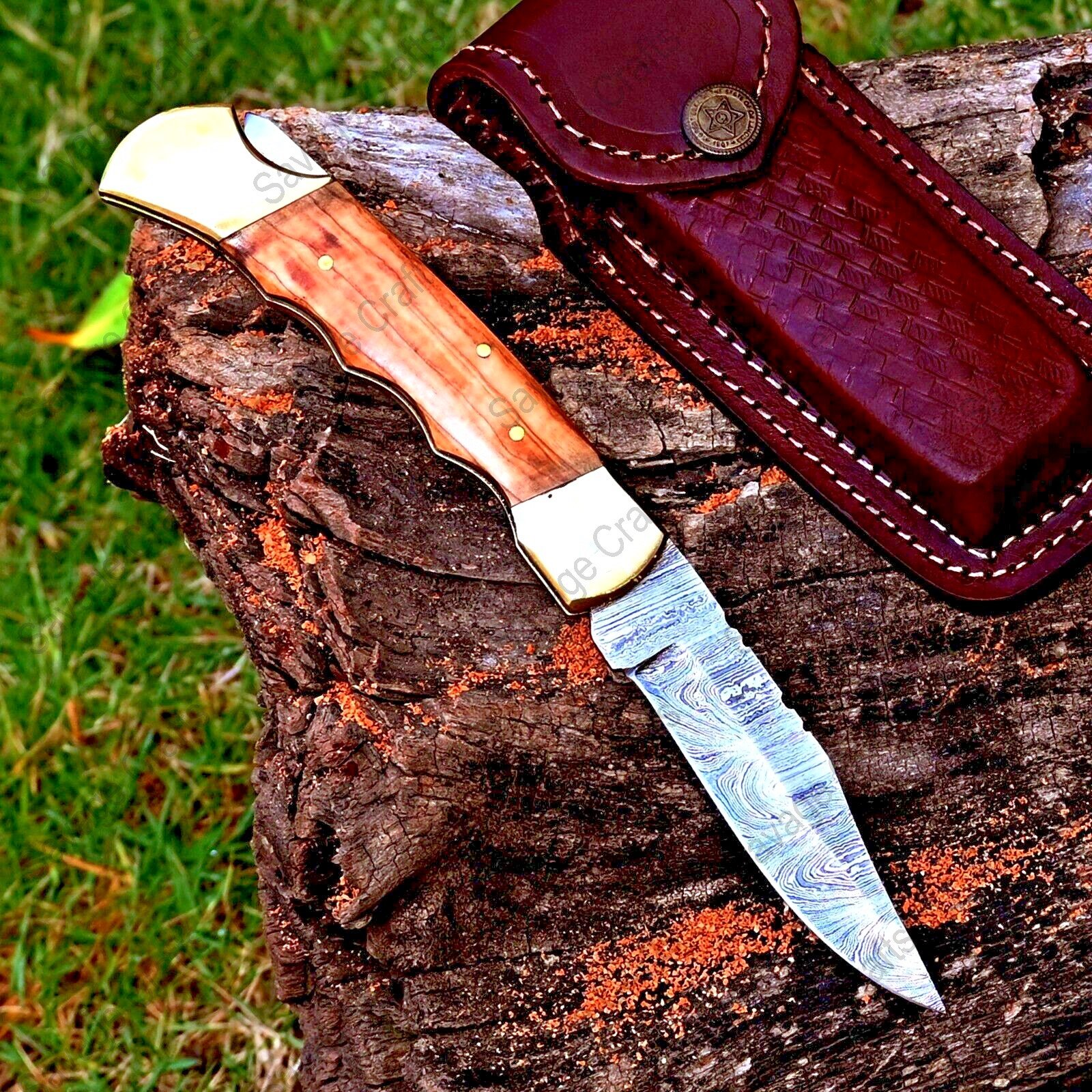 8.25″ Damascus Steel Folding/Pocket Knife – Wood Handle