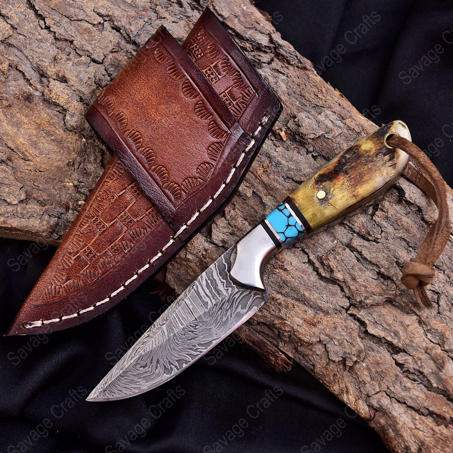 6″ Damascus Steel Cowboy Knife – Ram Horn Handle