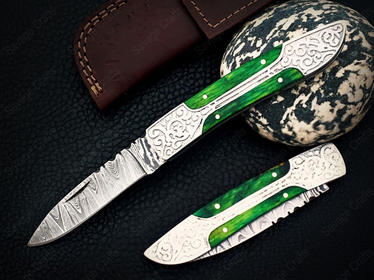 7″ Damascus Steel Folding/Pocket Knife – Wood Handle