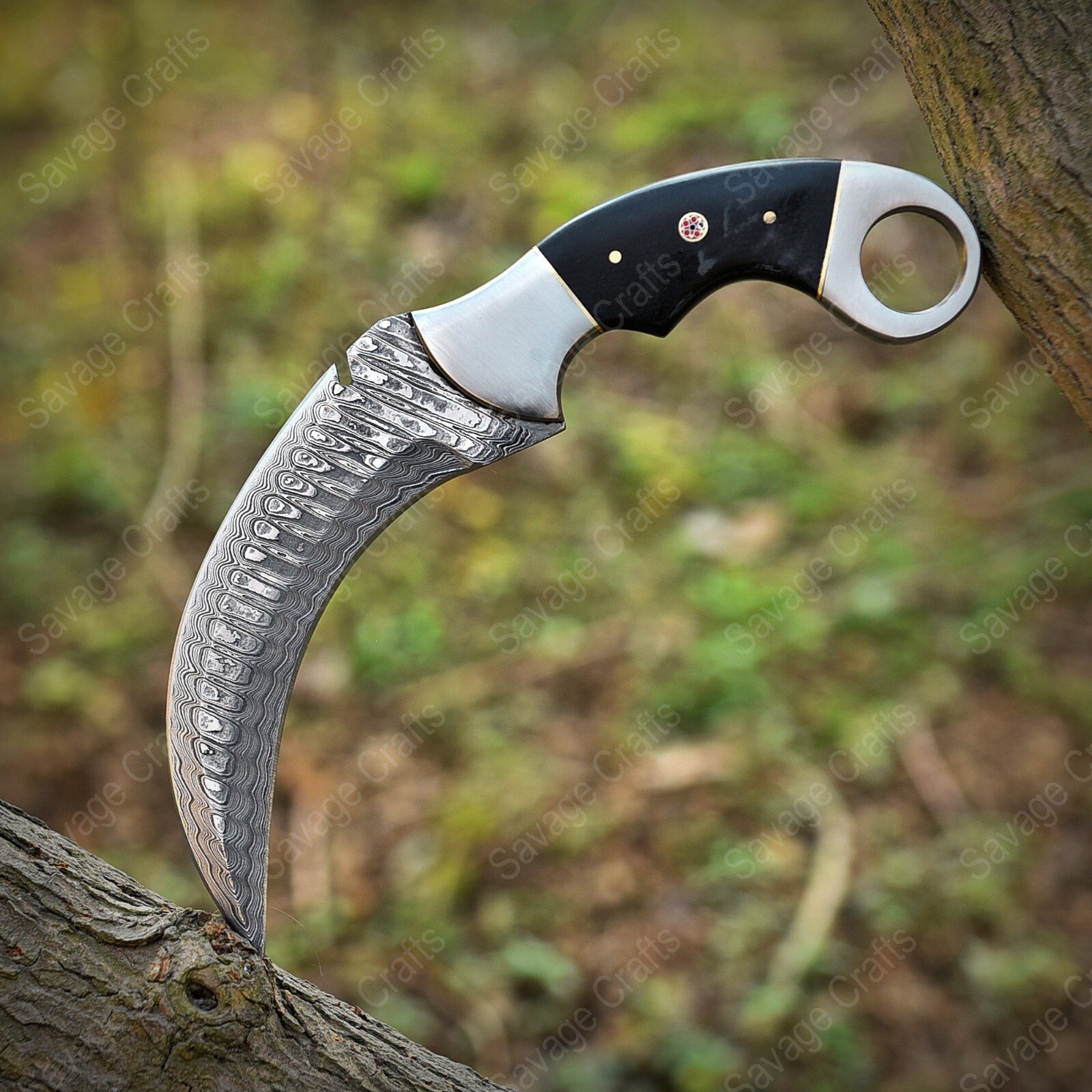 9" Damascus Karambit Knife - Horn Handle