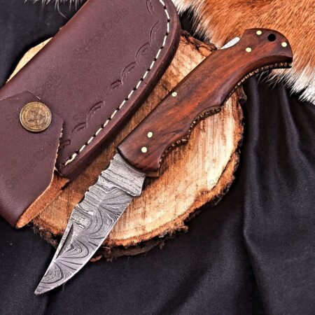 6.5″ Damascus Steel Folding/Pocket Knife – Wood Handle