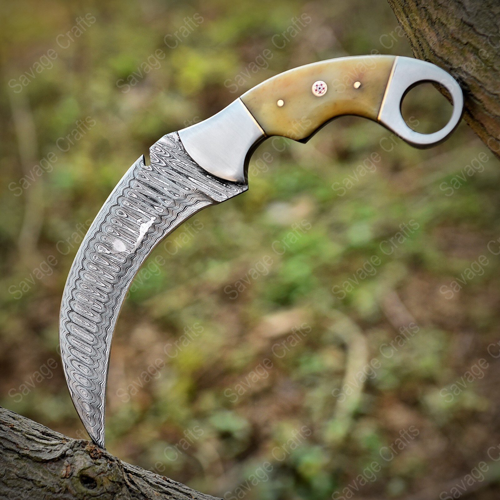 9″ Damascus Karambit Knife – Bone Handle