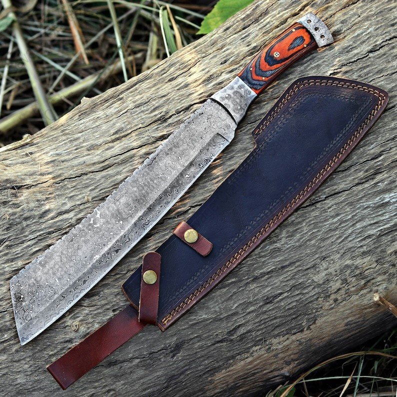 19″ Damascus Steel Rain Drop Machete – Wood Handle
