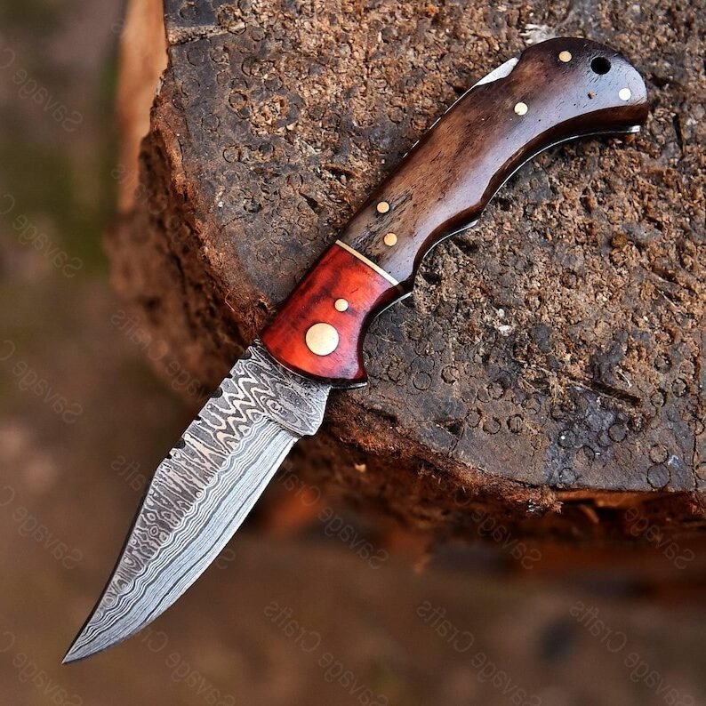 6.5″ Damascus Steel Folding/Pocket Knife – Bone handle