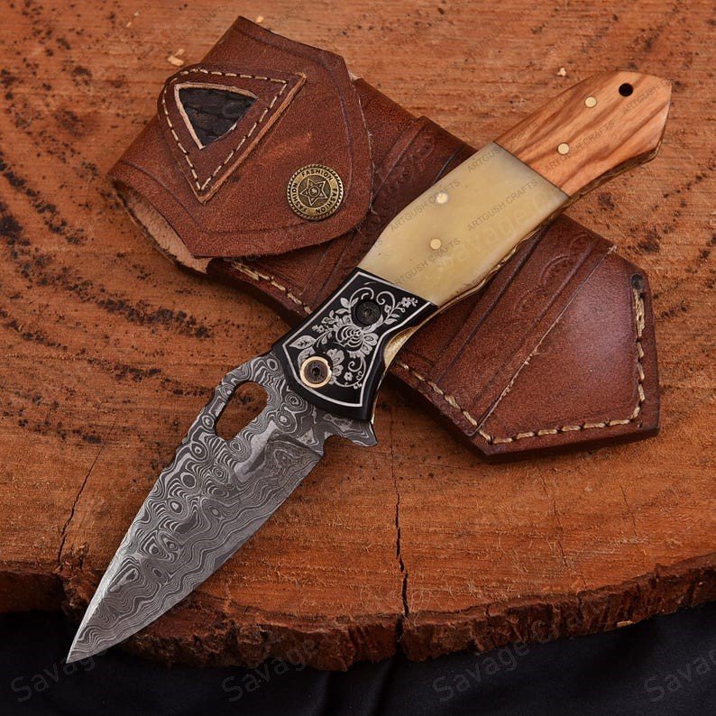 8″ Handmade Damascus Steel Folding/Pocket Knife – Wood & Resin