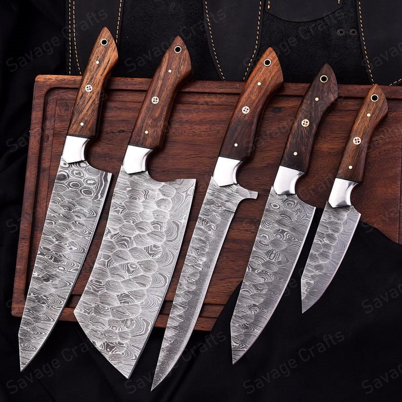 Set of 5 – Damascus Steel Chef Knife Set – Wood Handle