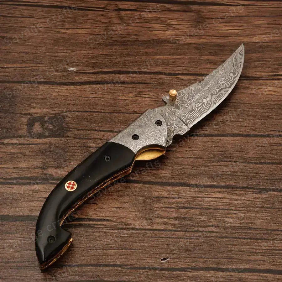 7.25″ Handmade Damascus Steel Folding/Pocket Knife – Horn Handle - Image 4