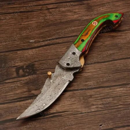 7.25″ Handmade Damascus Steel Folding/Pocket Knife – Wood Handle