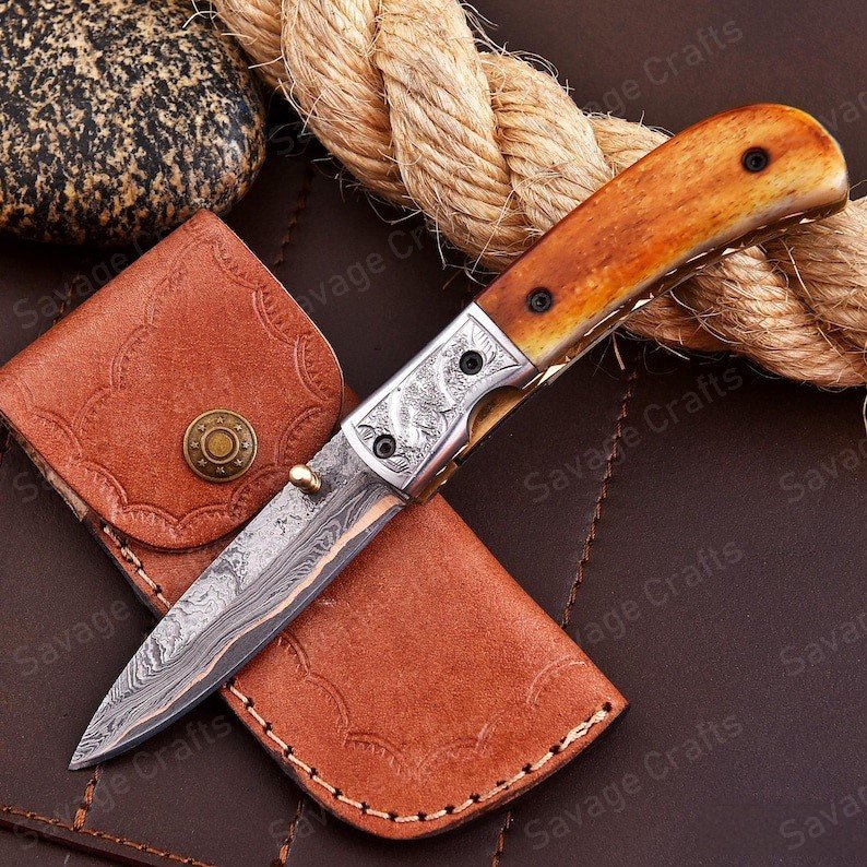 7.5″ Handmade Copper Damascus Steel Folding/Pocket Knife – Bone Handle