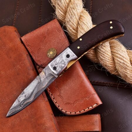 7.5″ Handmade Copper Damascus Steel Folding/Pocket Knife – Wood Handle